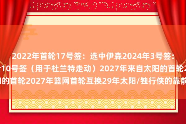 2022年首轮17号签：选中伊森2024年3号签：选中谢泼德2025年首轮10号签（用于杜兰特走动）2027年来自太阳的首轮2027年篮网首轮互换29年太阳/独行侠的靠前首轮    体育集锦