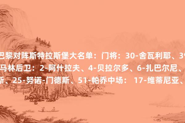 巴黎对阵斯特拉斯堡大名单:门将:30-舍瓦利耶、39-萨福诺夫、89-雷纳托-马林后卫:2-阿什拉夫、4-贝拉尔多、6-扎巴尔尼、21-卢卡斯-埃尔南德斯、25-努诺-门德斯、51-帕乔中场: 17-维蒂尼亚、24-马尤卢、33-扎伊尔-埃梅里时尚:7-克瓦拉茨赫利亚、 9-贡萨洛-拉莫斯、14-杜埃、19-李刚仁、29-巴尔科拉、47-恩贾恩图、49-姆巴耶 体育集锦